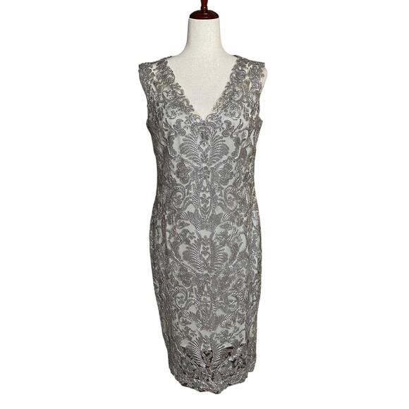 Tadashi Shoji Silver Lace Overlay Sleeveless Short Party Evening Dress 14 V Neck - Picture 1 of 16